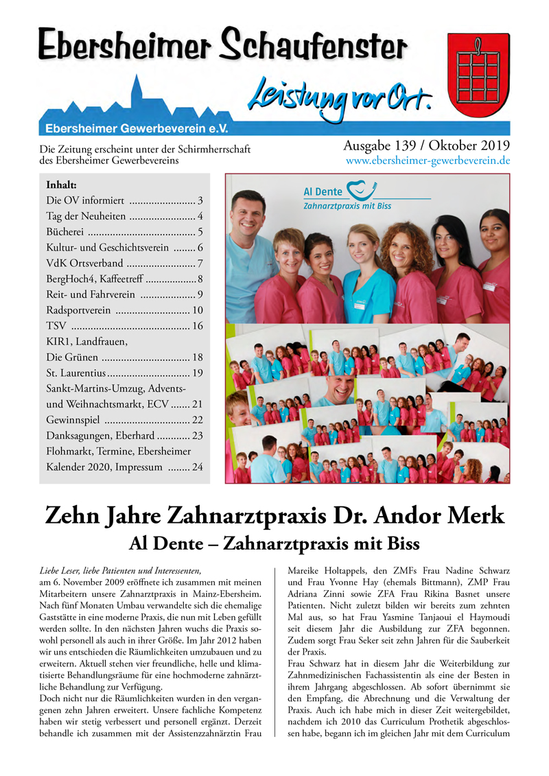 Titelseite des Ebersheimer Schaufensters Nr. 139 / Oktober 2019